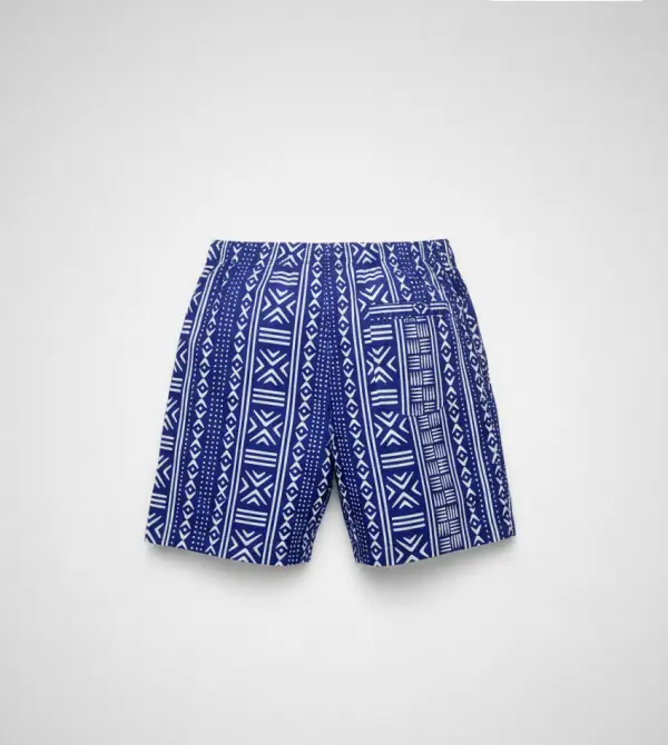 ndigo Heritage Print Shorts – blue and white geometric men’s shorts on model rear