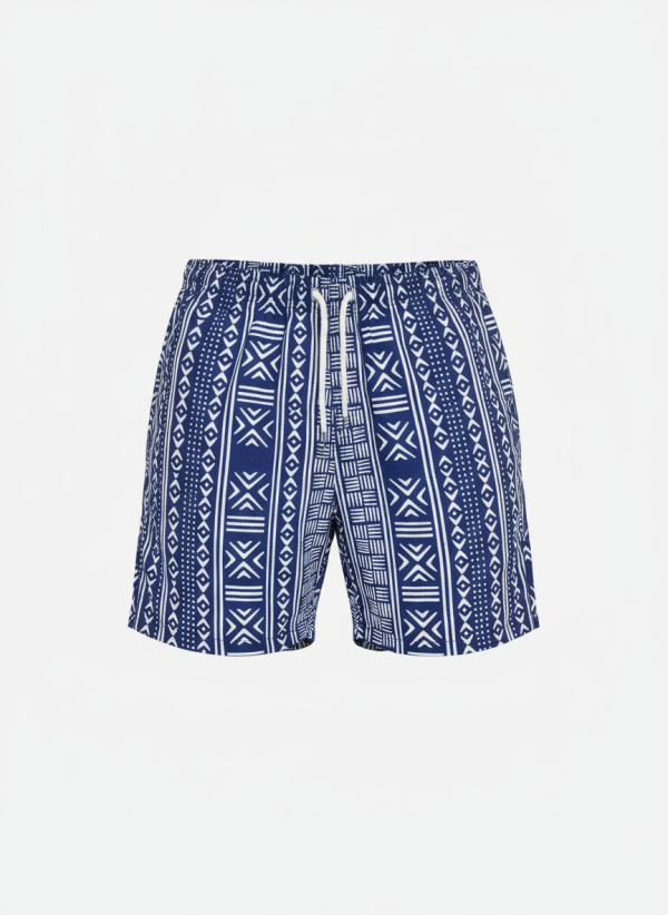ndigo Heritage Print Shorts – blue and white geometric men’s shorts on model